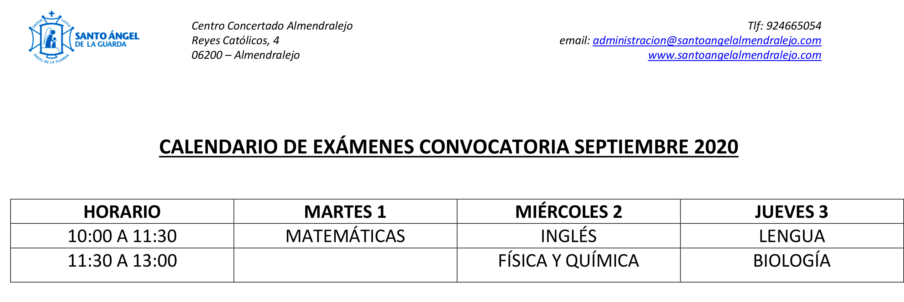 Calendario de Exámenes Septiembre 2020
